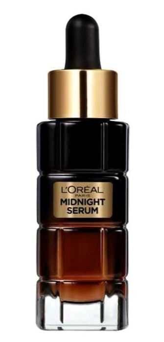 A bottle of L'Oréal Paris Midnight Serum with a gold and black dropper cap.