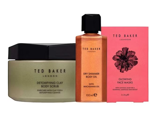 Three Ted Baker products: Detoxifying Clay Body Scrub, Dry Shimmer Body Oil with macadamia oil, and Glowing Face Masks with glycolic acid, arranged side by side.