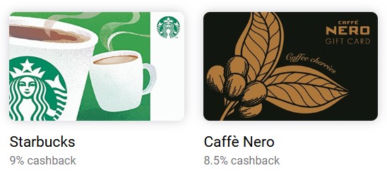 Image of two gift cards: Starbucks with 9% cashback and Caffè Nero with 8.5% cashback, featuring their logos and designs.