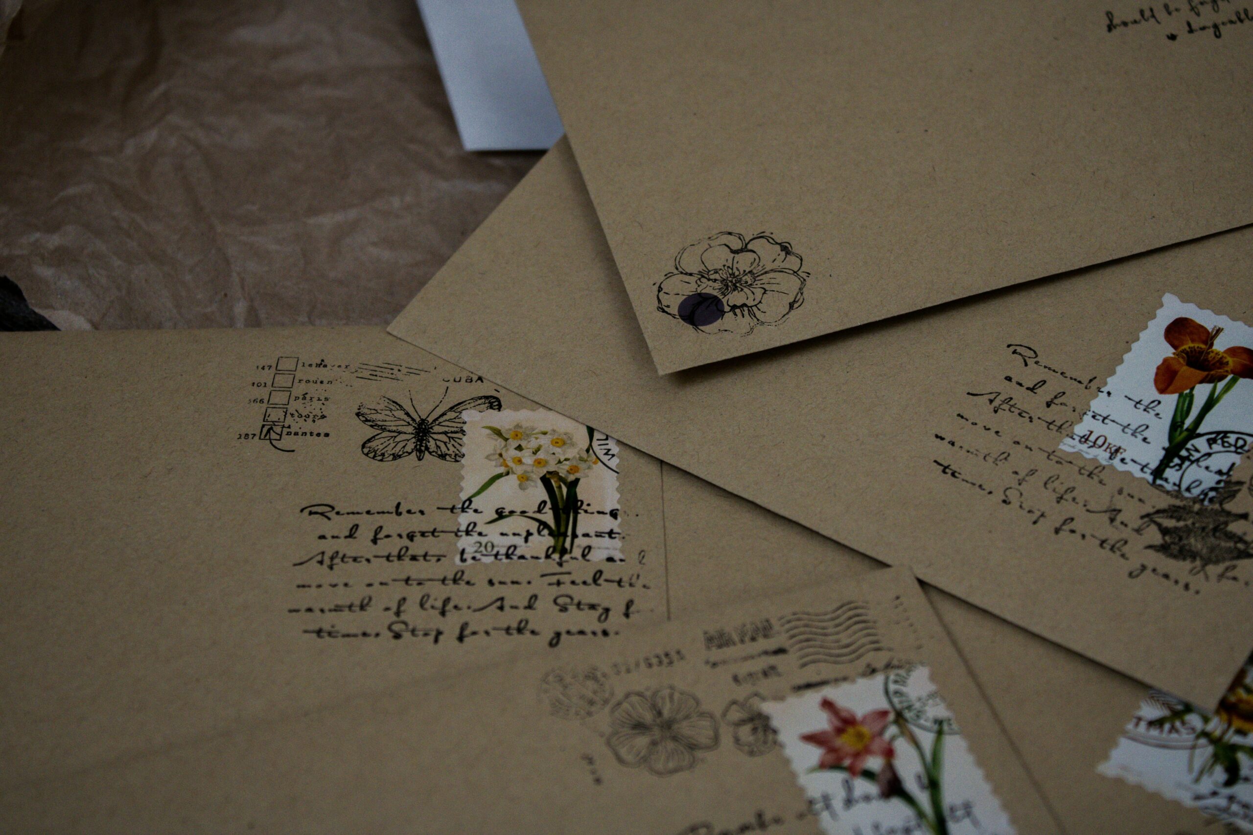 Several brown envelopes with floral stamps and vintage illustrations are scattered on a surface.