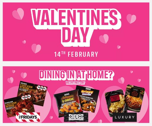 Valentine's Day promotion featuring a selection of frozen foods including chicken wings, jalapeno cheese bites, and lasagna, with pink background and heart graphics.