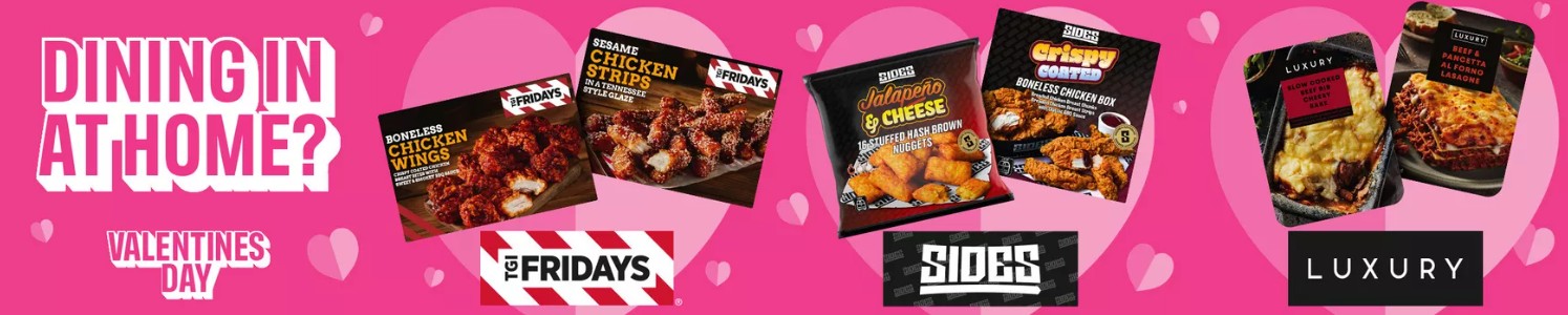 Assortment of frozen food packages from different brands on a pink heart-themed background with "Dining in at Home?" and "Valentine's Day" text.