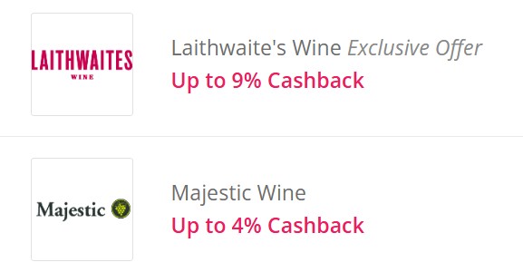 Laithwaite's Wine offers up to 9% cashback, exclusive offer. Majestic Wine offers up to 4% cashback.