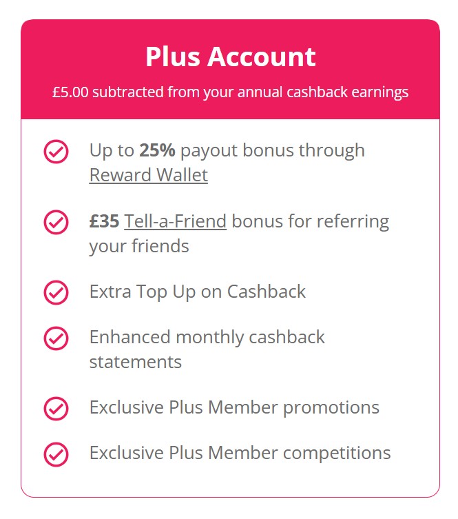 Promotional graphic for a Plus Account detailing benefits such as payout bonuses, referral bonuses, and exclusive promotions, with a £5.00 cashback deduction noted.