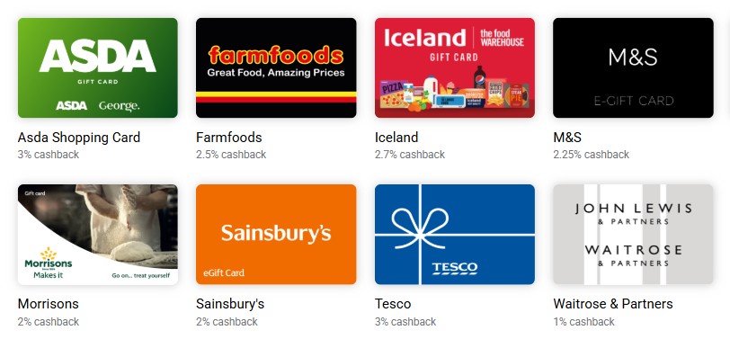 Image displaying various UK supermarket and retailer gift cards with respective cashback offers. Brands include Asda, Farmfoods, Iceland, M&S, Morrisons, Sainsbury's, Tesco, John Lewis, and Waitrose.