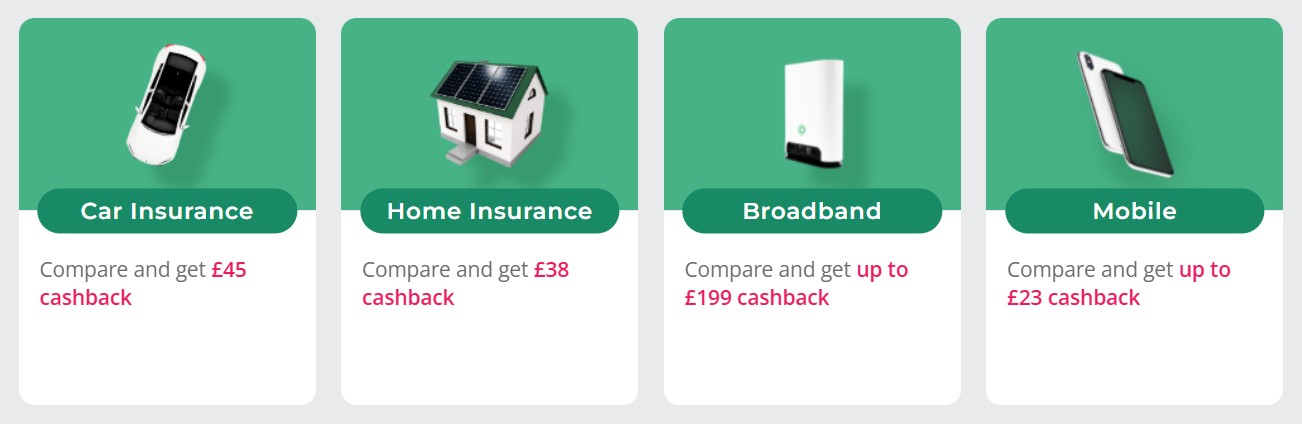 Comparison site offers cashback for car, home, broadband, and mobile services; amounts vary per category.