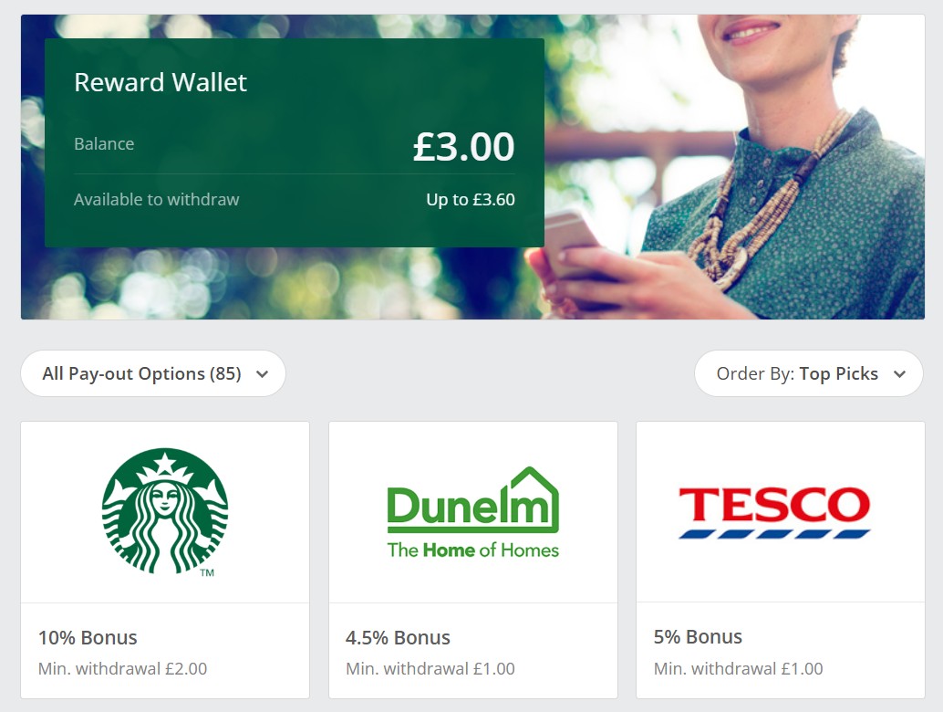 Screenshot of a reward wallet showing a balance of £3.00. Below are payout options from Starbucks, Dunelm, and Tesco with respective bonus and minimum withdrawal details.