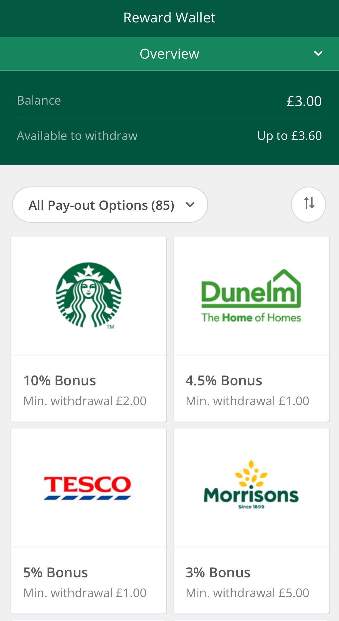 Screenshot of a reward wallet app showing a £3 balance. Options include Starbucks, Dunelm, Tesco, Morrisons bonuses with withdrawal minimums.