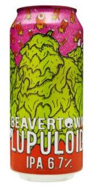 A colorful can of Beavertown Lupuloid IPA with 6.7% ABV, featuring green hop illustrations against a pink background.