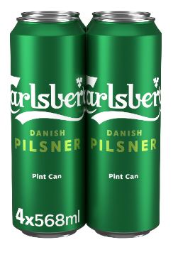 Two green cans of Carlsberg Danish Pilsner, labeled "4x568ml Pint Can.