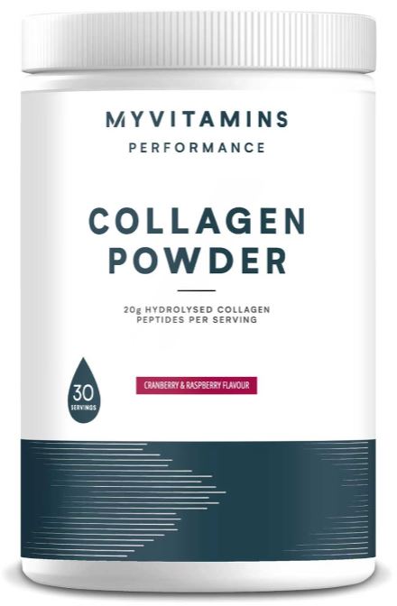 A container of MyVitamins Performance Collagen Powder, Cranberry & Raspberry flavour, with 20g hydrolysed collagen peptides per serving.