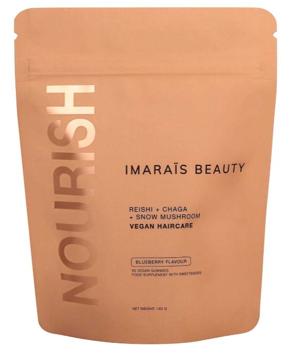 A brown package labeled "NOURISH" and "IMARAÏS BEAUTY." It contains vegan haircare gummies with Reishi, Chaga, and Snow Mushroom, flavored with blueberry. Net weight: 162 grams.