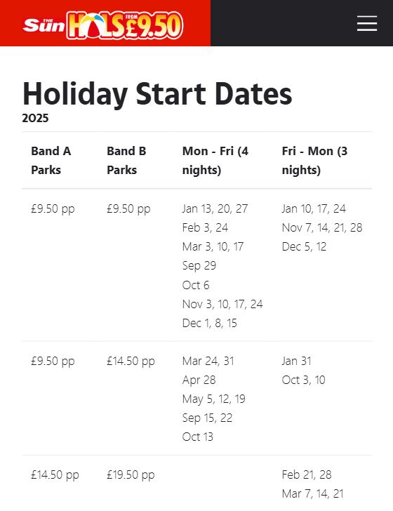 Screenshot of a table showing 2025 holiday start dates for Band A and B parks with pricing details. Mon-Fri (4 nights) and Fri-Mon (3 nights) columns list specific date options and prices.