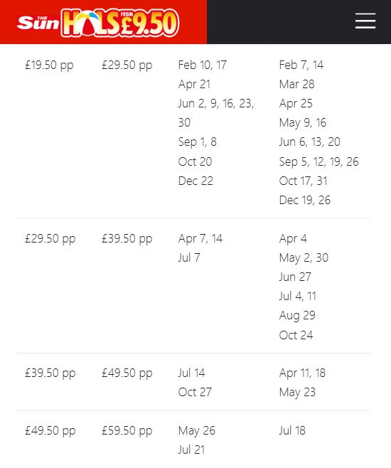 A chart showing holiday prices from £19.50 to £59.50 per person on selected dates from February to October.