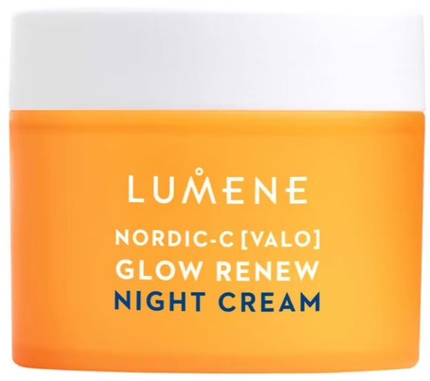 Orange jar labeled "Lumene Nordic-C [Valo] Glow Renew Night Cream" with a white lid.