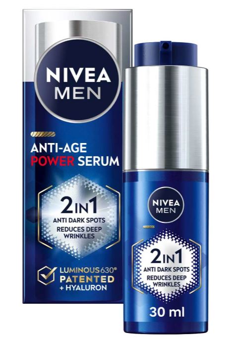 Nivea Men Anti-Age Power Serum packaging and bottle, 30 ml, highlighting "2 in 1 Anti Dark Spots and Reduces Deep Wrinkles" with Luminous630 and Hyaluron ingredients.