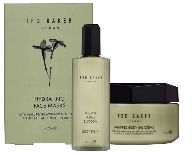 Ted Baker skincare set featuring hydrating face masks, jasmine & lime body spray, and whipped body oil crème.