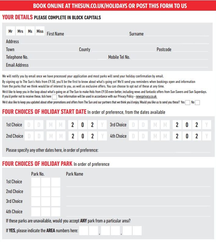 Holiday booking form with fields for personal details, date and location choices, and preferences for alternative park options if the selected park is unavailable.