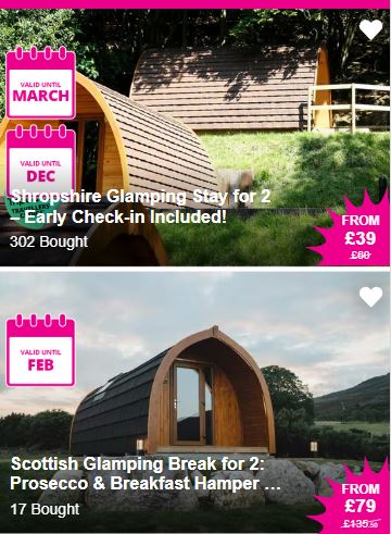 Two images of glamping pods with offer details: "Shropshire Glamping Stay for 2" and "Scottish Glamping Break for 2," including pricing and availability dates.