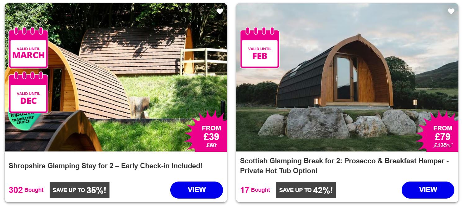 Two side-by-side glamping offers: Shropshire stay for two with early check-in, and Scottish break for two with prosecco, breakfast hamper, and hot tub option. Discount details below each offer.