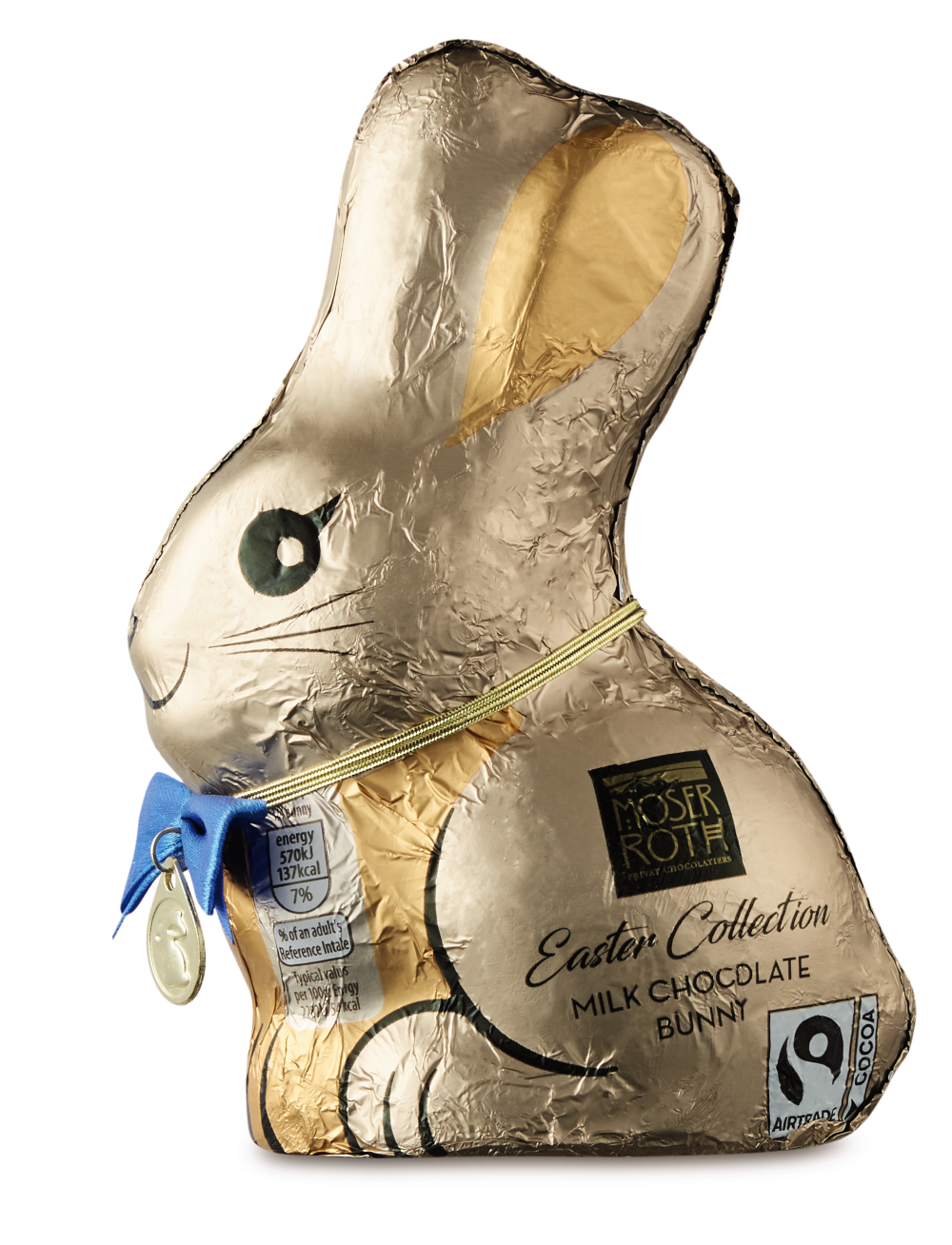 A gold foil-wrapped milk chocolate bunny with a blue ribbon, branded as Moser Roth's Easter Collection.