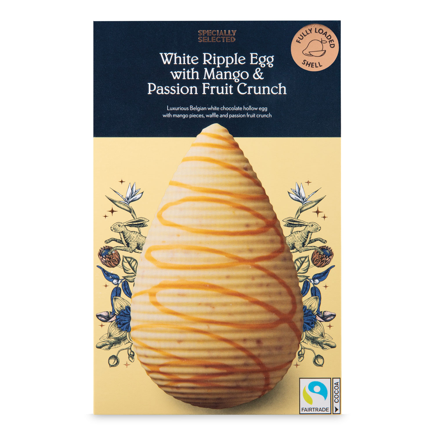 Packaging of "White Ripple Egg with Mango & Passion Fruit Crunch" featuring an image of a chocolate egg with a mango drizzle design on the front.