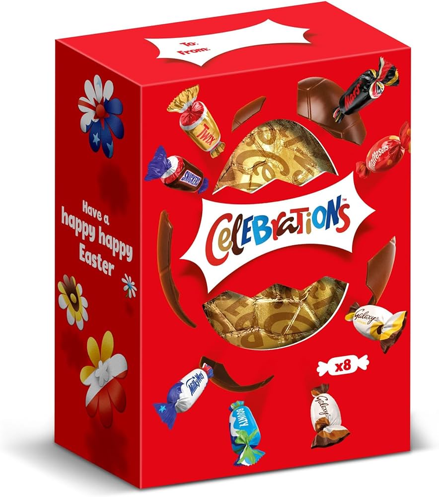 Red box of Celebrations chocolates with various candy wrappers depicted, labeled "happy Easter" and containing eight items.