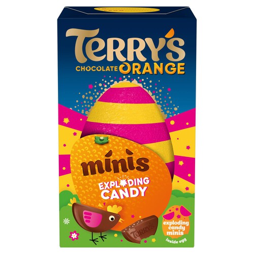 Terry's Chocolate Orange with an exploding candy minis egg, featuring colorful packaging and a cartoon bird design.