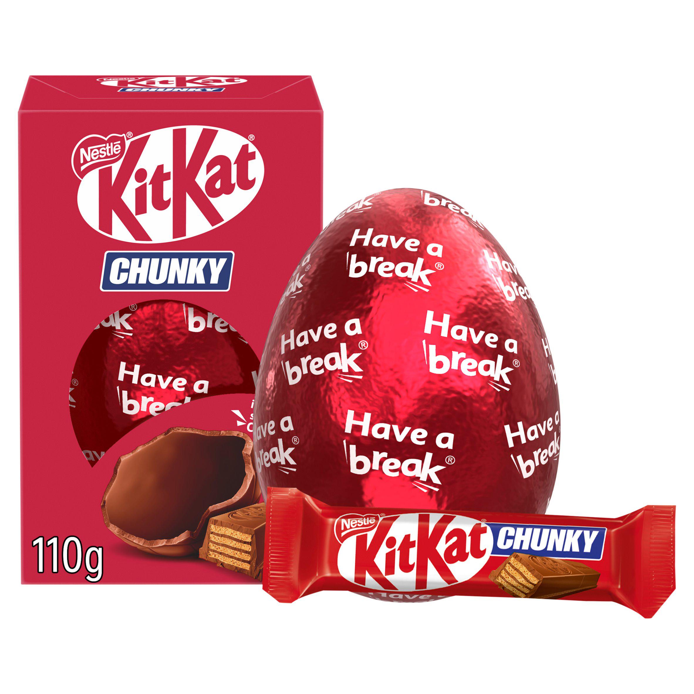 Red KitKat Chunky Easter egg packaging with a foil-wrapped egg and a KitKat Chunky bar in front.