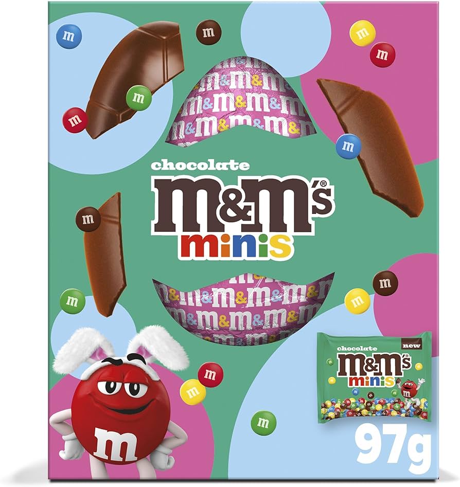 M&M's Minis chocolate egg packaging showing an illustration of an egg split open, revealing M&M's. Includes a small packet of M&M's Minis and cartoon M&M character at bottom left.