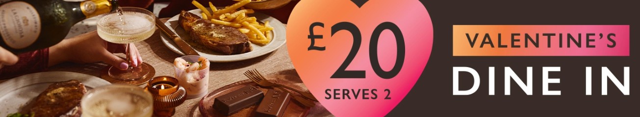 Valentine's Day dine-in offer: £20 serves 2. Includes steak, fries, drinks, and chocolate dessert.