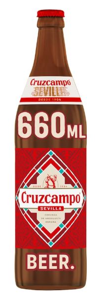 Red and brown bottle of Cruzcampo beer with "660 ml" printed on the label.