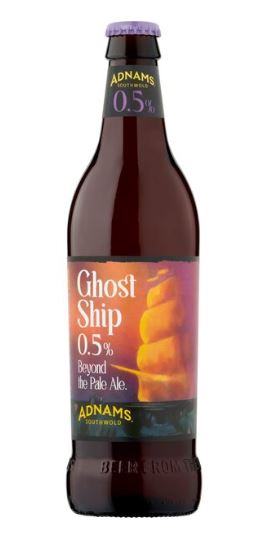 A bottle of Adnams Ghost Ship 0.5% Beyond the Pale Ale with a purple cap and a label featuring a ghostly ship image.