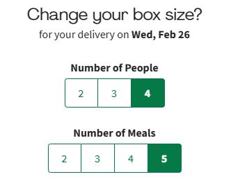 Box size selection for delivery. "Number of People" with option 4 selected; "Number of Meals" with option 5 selected. Delivery date: Wednesday, February 26.