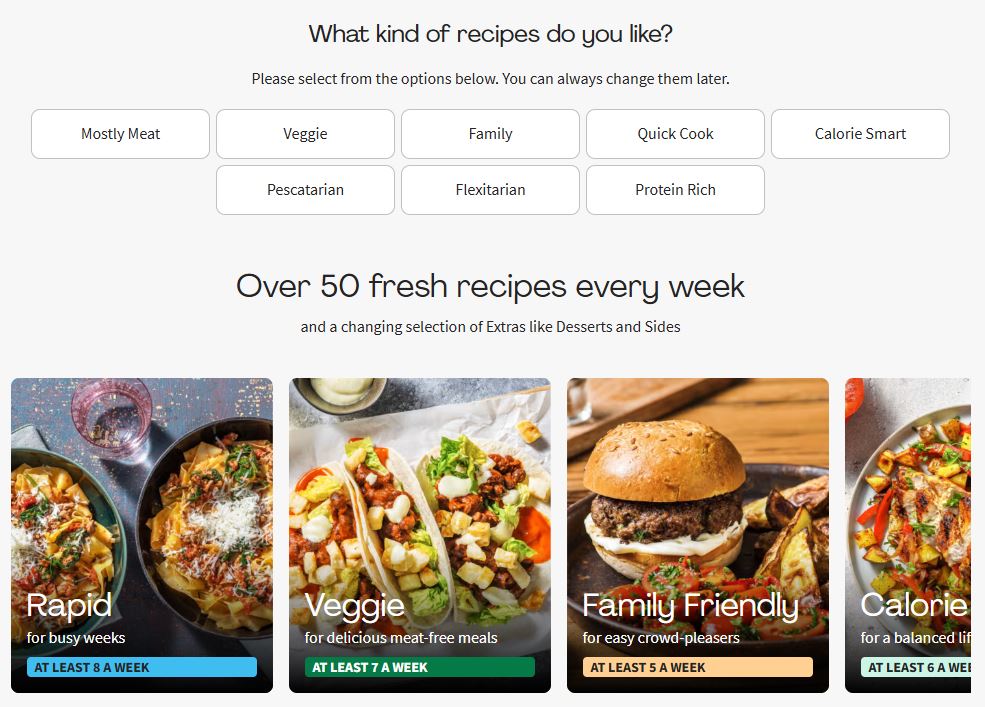 Menu interface offering meal plan options: Mostly Meat, Veggie, Family, Quick Cook, Calorie Smart, Pescatarian, Flexitarian. Displays meal categories: Rapid, Veggie, Family Friendly, Calorie Smart.