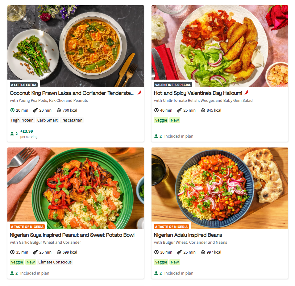 Four meal options with images and details: Coconut King Prawn Laksa, Spicy Halloumi, Nigerian Sweet Potato Bowl, and Nigerian Adalu Beans. Each shows ingredients, pricing, and nutritional info.