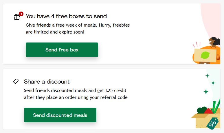 Screenshot of marketing offers: "4 free boxes" with a button to send; "Share a discount" for discounted meals and £25 credit.