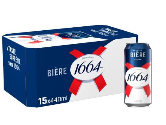 A box of 15 cans of 1664 beer, each containing 440 ml. The can displays the brand name with a red and blue design.