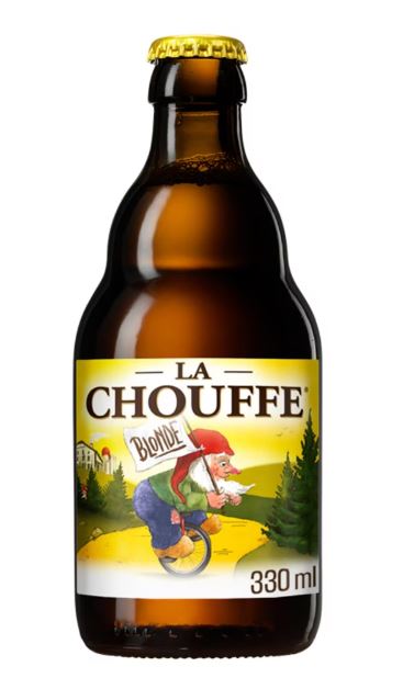 330ml bottle of La Chouffe Blonde beer with an illustrated gnome on the label, riding a unicycle in a scenic landscape.