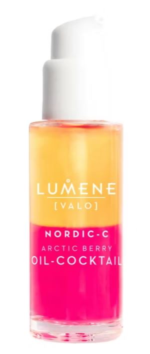 A bottle of Lumene Nordic-C Arctic Berry Oil-Cocktail with orange and pink liquid and a white pump dispenser.