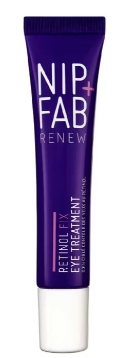 Purple tube of Nip+Fab Renew Retinol Fix Eye Treatment with white cap and text detailing.