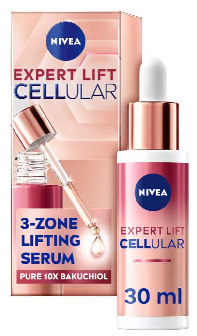 Nivea Expert Lift Cellular 3-Zone Lifting Serum packaging with dropper and bottle labeled 30 ml.