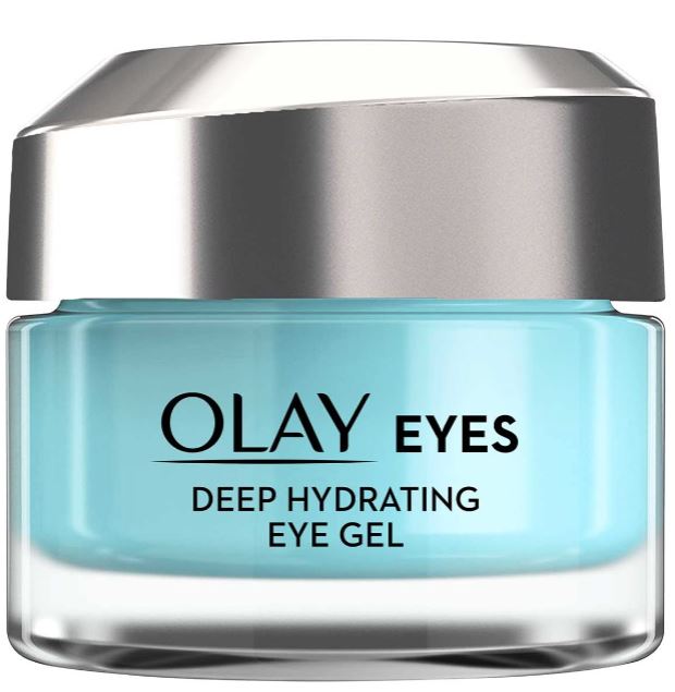 A jar of Olay Eyes Deep Hydrating Eye Gel with a silver lid and blue gel.