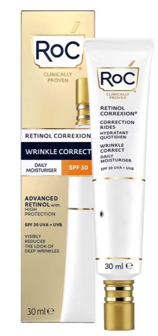 Tube and box of RoC Retinol Correxion Daily Moisturizer with SPF 30, labeled for wrinkle correction and UV protection.